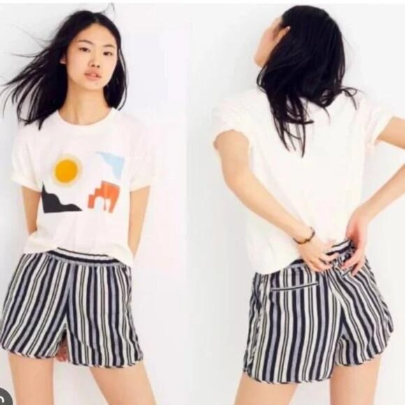 Madewell Linen Blend Grey Black Evelyn Stripes Pull On Shorts Women's S - Picture 1 of 9